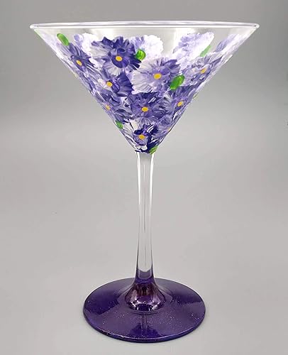 Miniatura 3 de Purple Flowers Hand Painted Martini Glass - Sparkly Purple, Pretty Flower Cocktail Glass