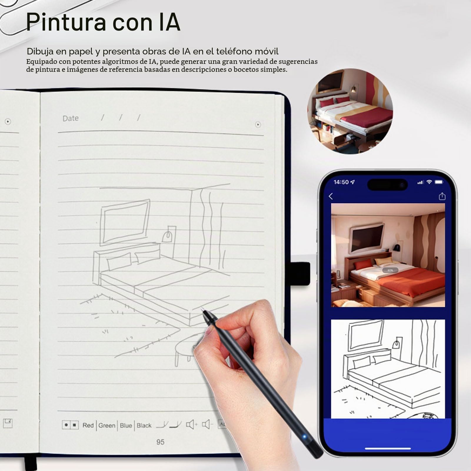 Goshyda Cuaderno Digital Inteligente con Bolígrafo, Panel de Escritura de Generación OCR y AI, Sincronización en Tiempo Real BT5.0 para Tableta de Teléfono, Almacenamiento sin Conexión y (Rojo)