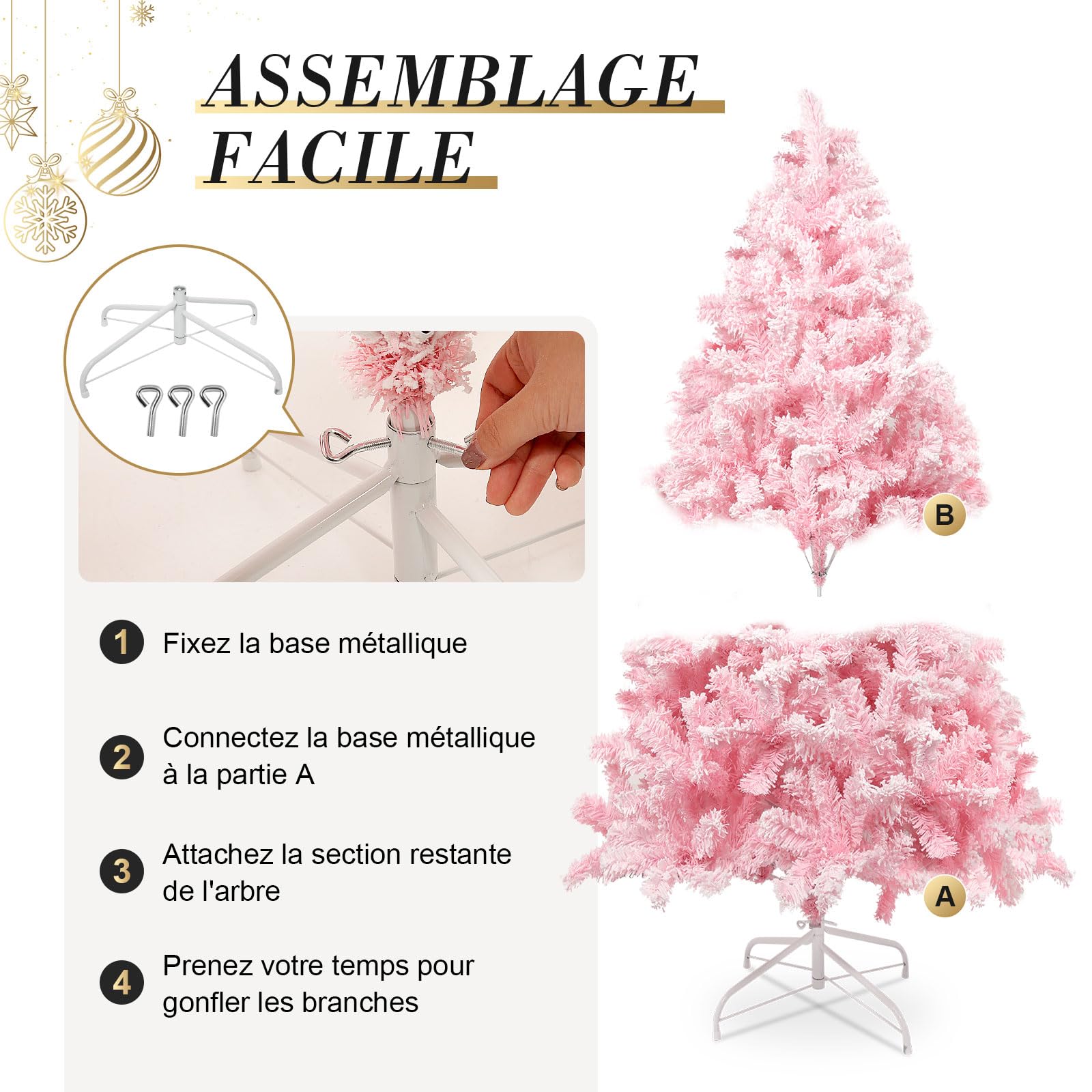 Sapin de Noel Artificiel 150 cm Rose avec Décoration Floquée Dodue avec Flocons de Neige, 600 Feuilles de Pin Pointues en PVC et Base Stable, Sapin de Noël pour Décorations de Noël