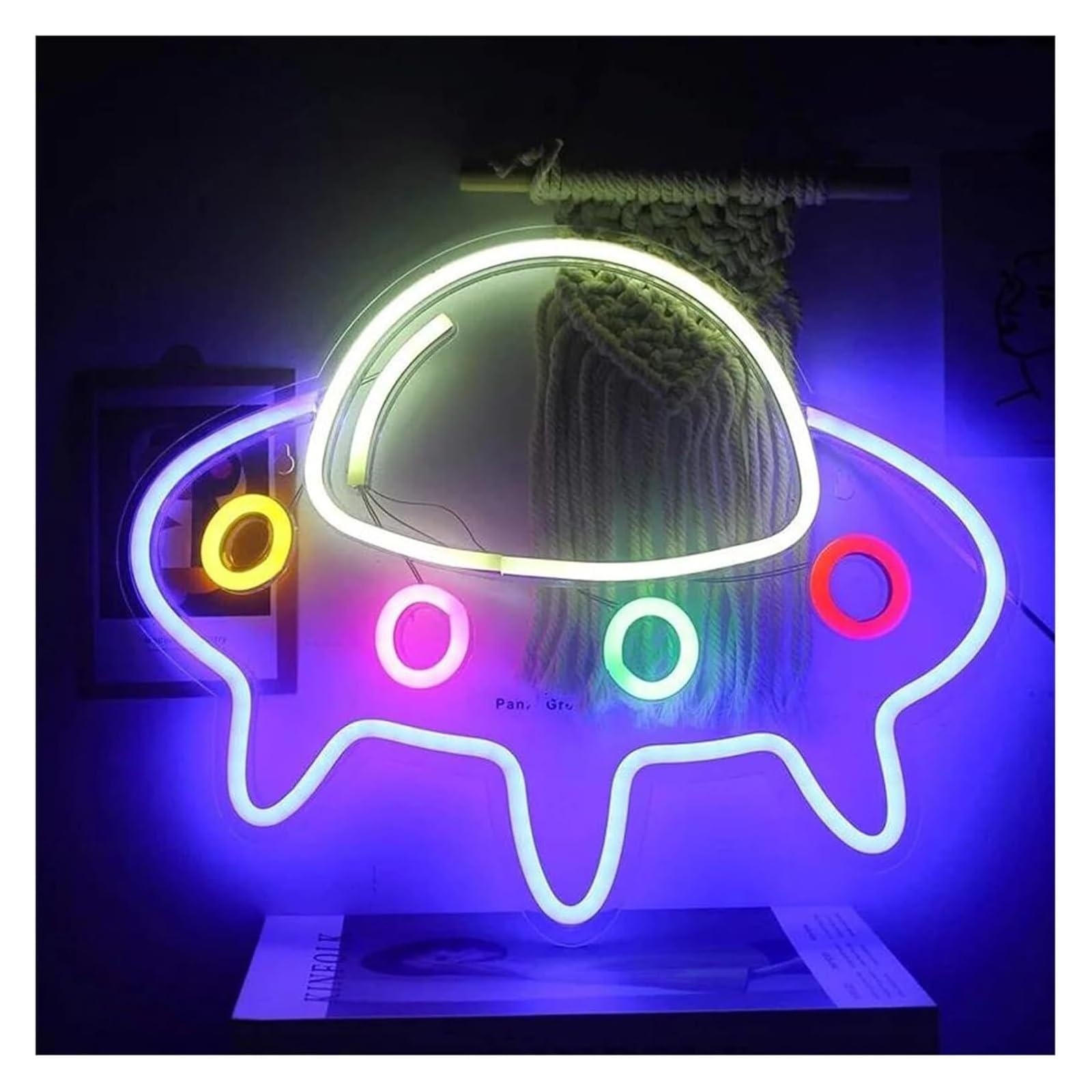 Lampada calmante per l'umore, insegna al neon a forma di pianeta e astronave, decorazione per camera da letto