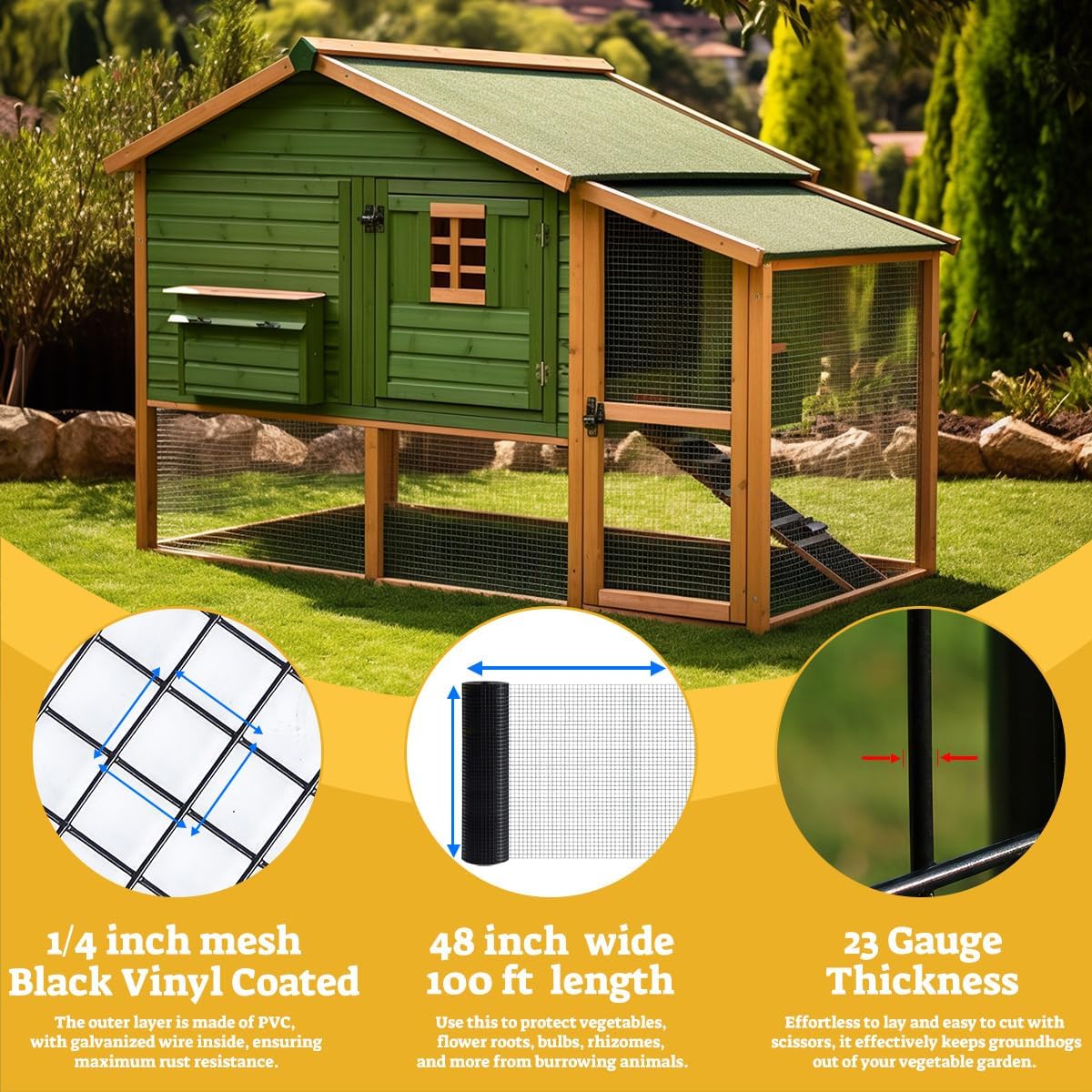 HORCH Black Hardware Cloth 1/4 inch 48x100 23-Gauge, Vinyl Coated Wire Mesh Roll, Chicken Wire Mesh, Tree Guard, Gopher Wire, Rodent Mesh, Chicken Wire Fencing, Garden Fence