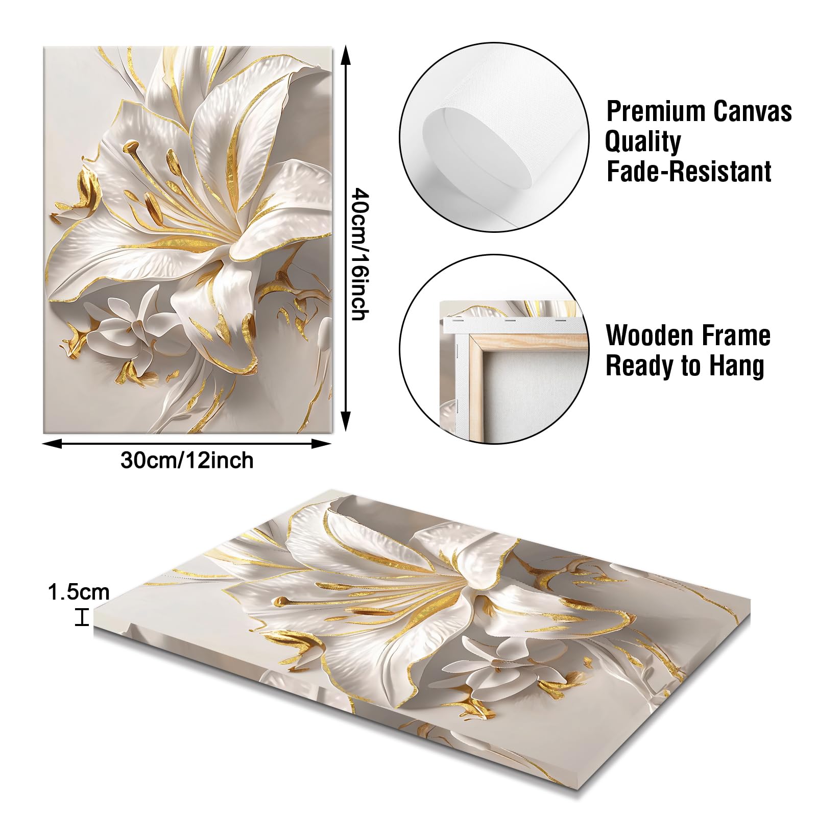 WENGTIAO White Gold Lilies Flowers Canvas Wall Art Prints Framed Pictures Minimalist Beige Floral Painting on Canvas Living Room Bedroom Home Wall Decor 30x40cm - Image 2