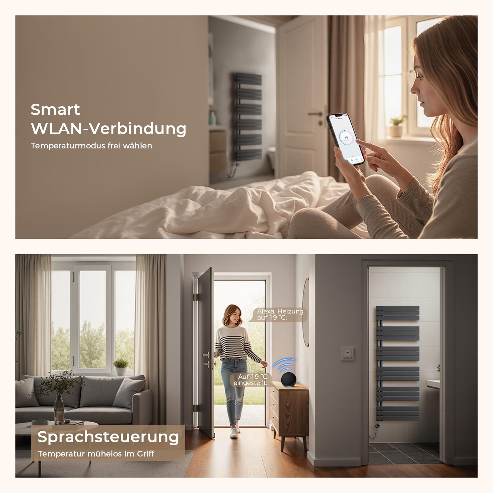 S'AFIELINA Grzejnik łazienkowy elektryczny 800W 1320x500mm – Elektryczna suszarka na ręczniki Smart WiFi, LCD Sterowanie głosowe, Harmonogram 7x24H, IP44 Kaloryfer, Antracyt