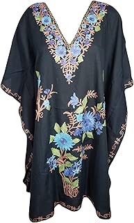 Mogul Interior Womens Caftan Dress Black Emboidered Holidays Short Dresses Free Size