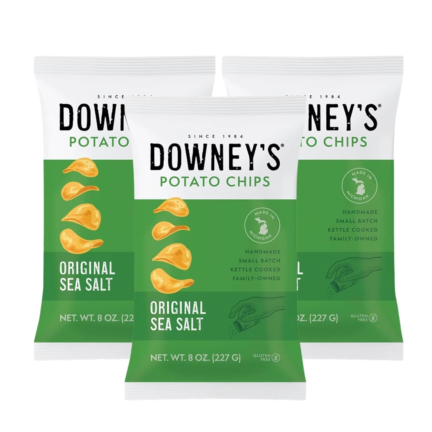 Downey’s Potato Chips, No Salt Kettle-Cooked Potato Chips, Handcrafted Snack, Small-Batch, Light and Crispy, Gluten-Free, Made in Michigan (8oz, 3-Pack)