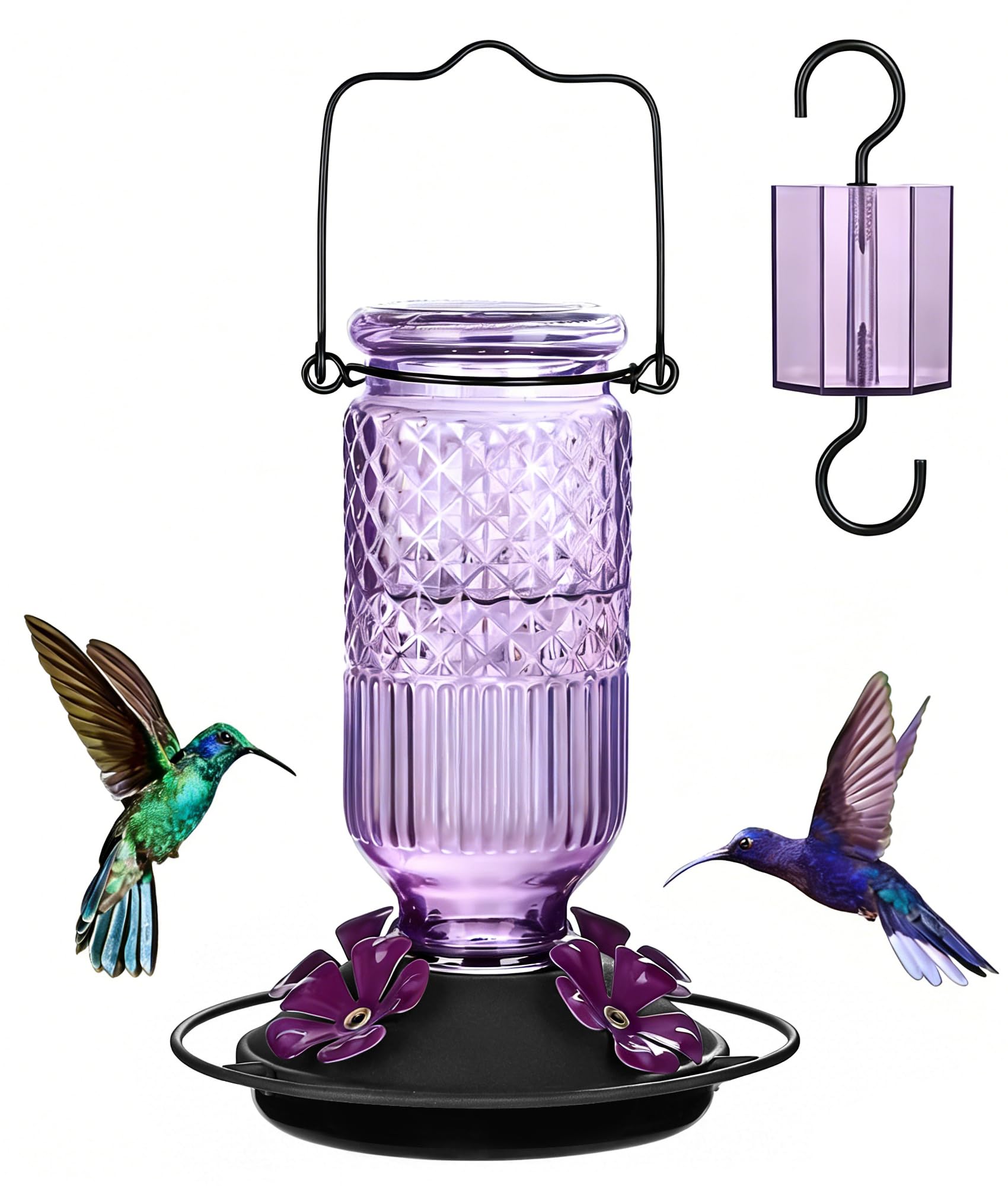 FEED GARDEN Glass Hummingbird Feeder for Outdoors Hanging, 16 oz Leak-Proof Nectar Feeder with Bee Guards &amp; Ant Moat, 4 Metal Flower Feeding Ports, 360° Perch Ring, Easy Refill &amp; Clean, Purple