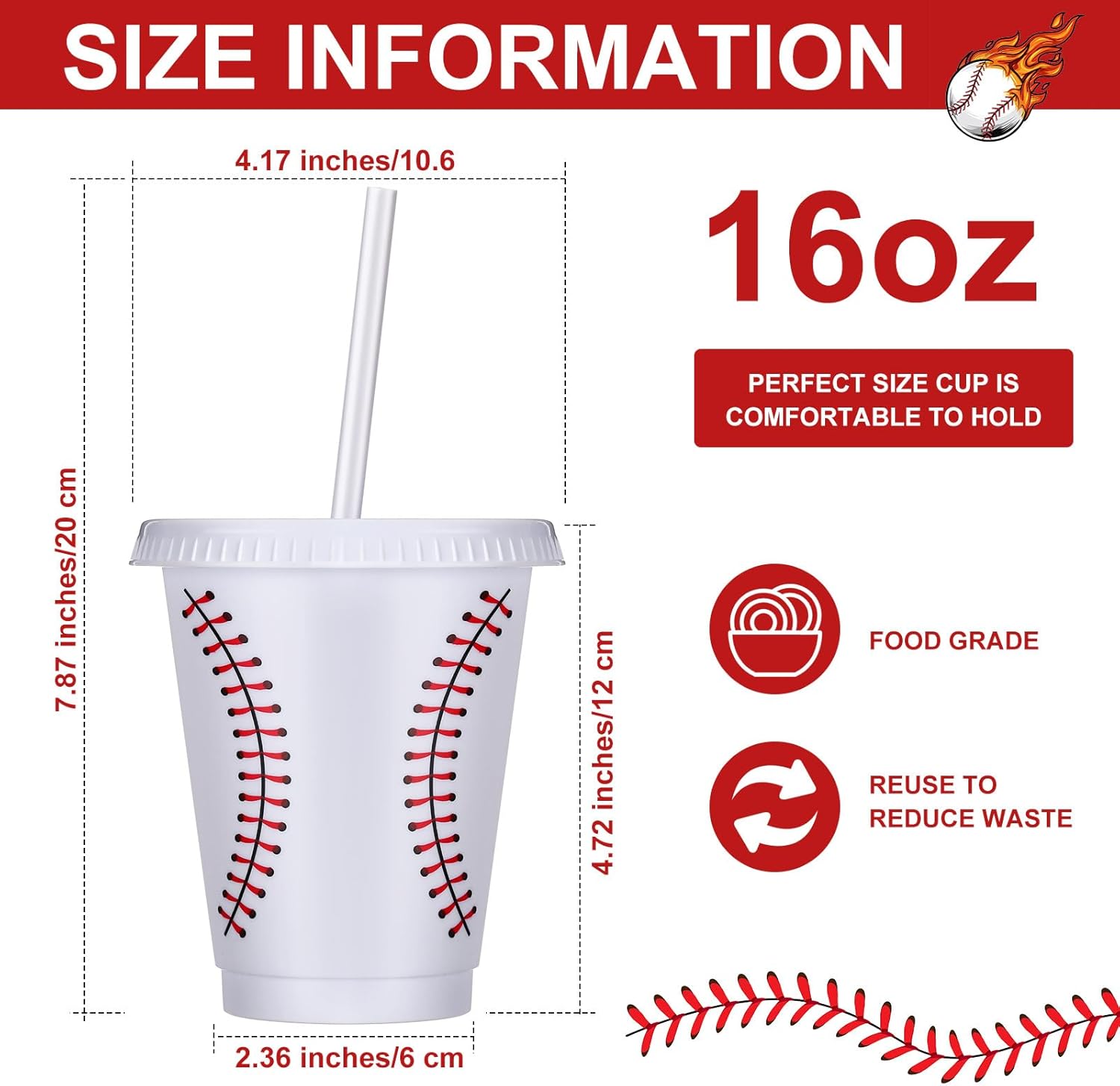 12 Pcs Baseball Party Cups with Straws and Lids Bulk 16 oz Plastic Water Baseball Cups for Birthday Supplies Reusable Sports Party Decoration for Sports Event - Image 2