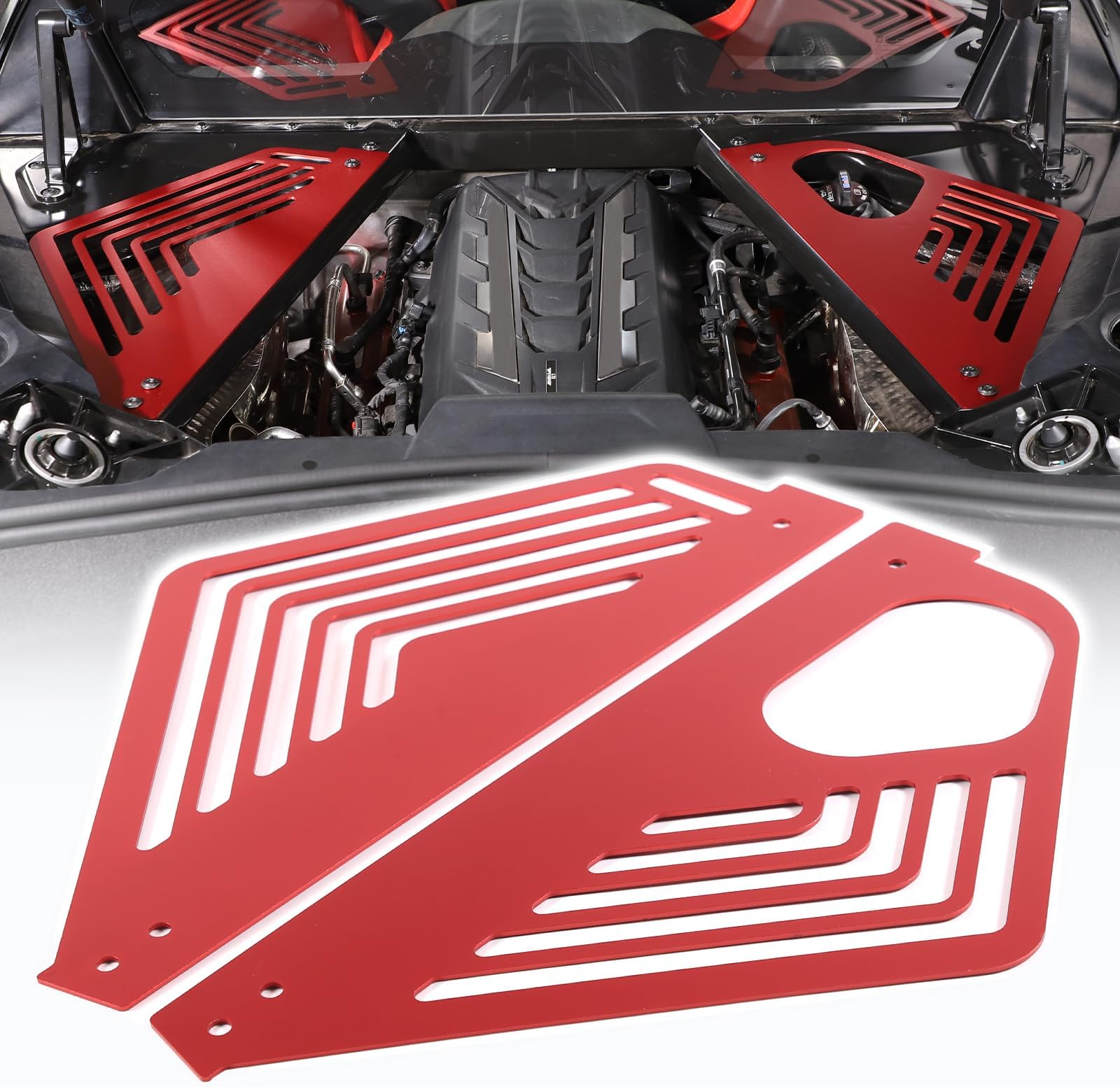 Aluminum Alloy Rear Engine Covers Left Right Engine Case Guards Protector Splash Shield Compatible with Chevrolet Corvette C8 2020-2023, Engine Bay Panel Cover, C8 Accessories 2PCS (red)