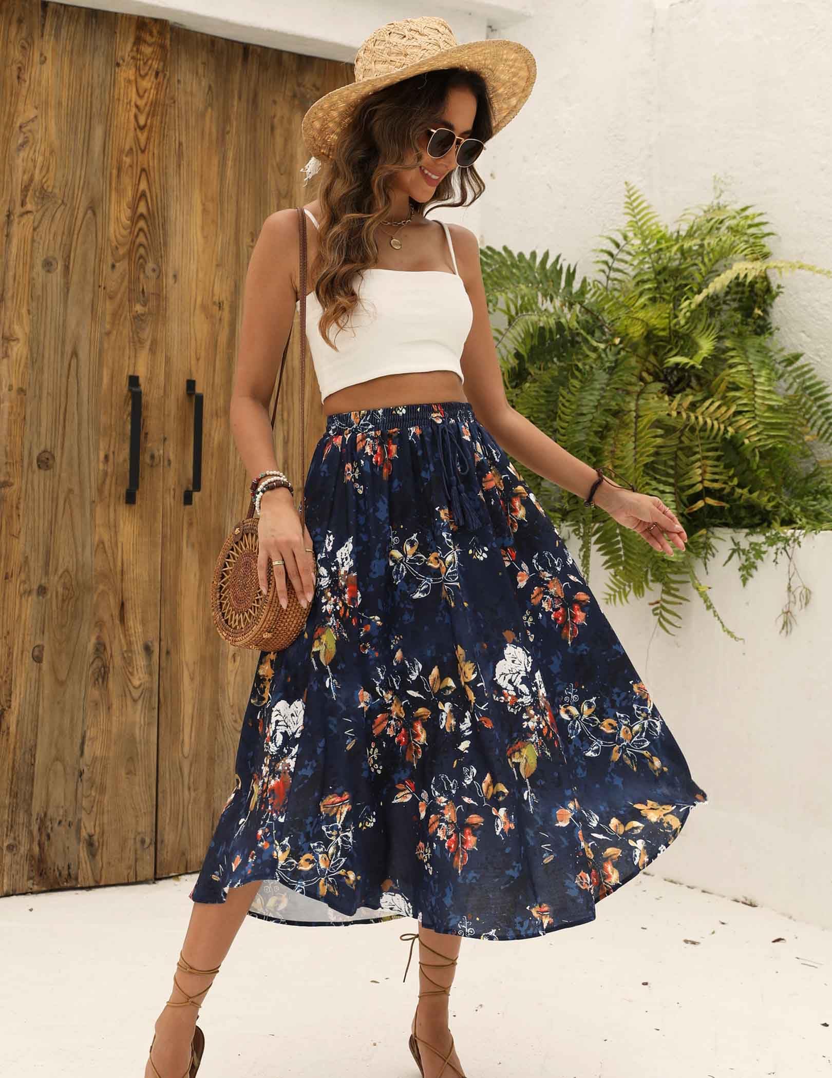 Zeagoo Falda Midi Elegante Cintura Alta Maxi Cordón Color Liso Mujer