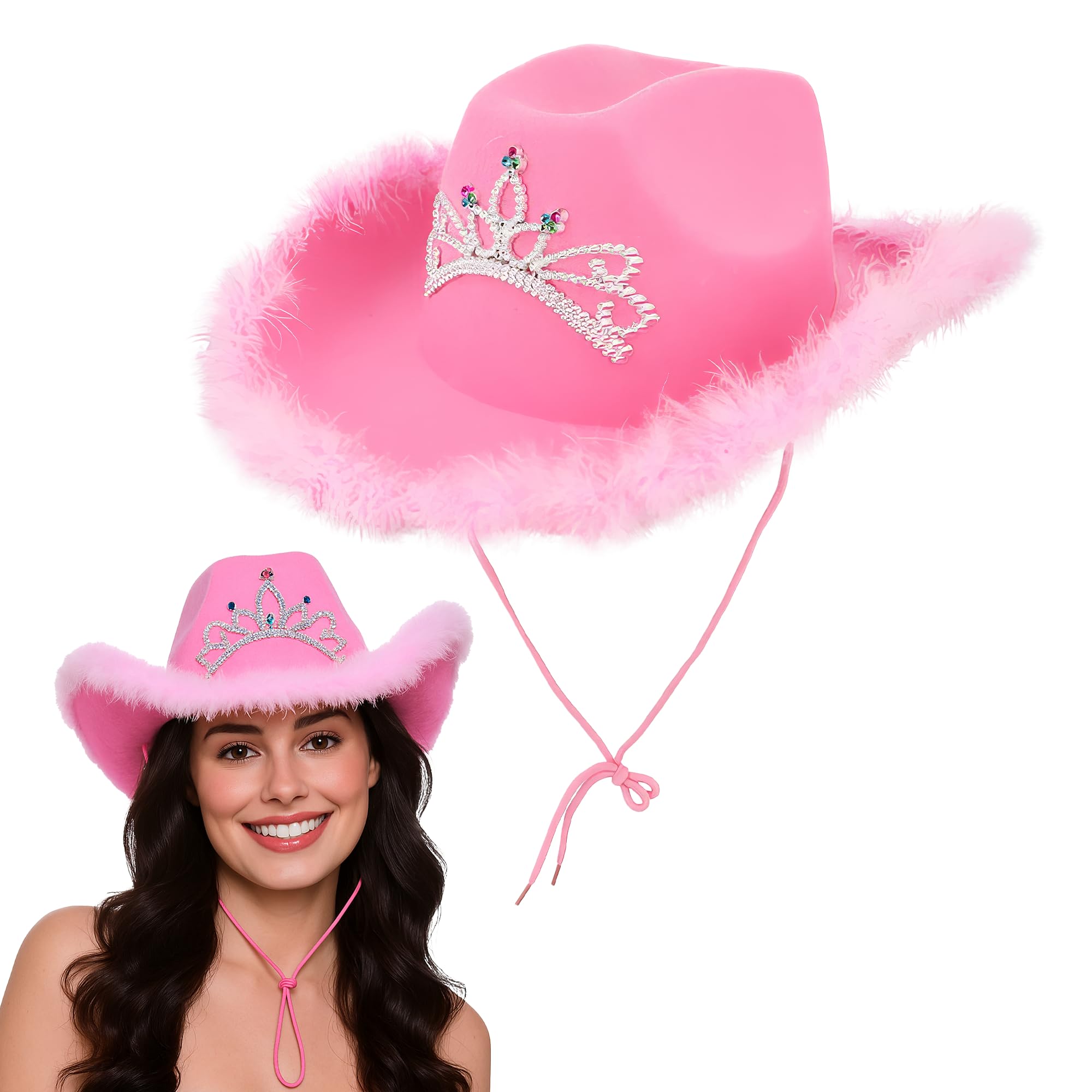 Pink Cowgirl Hat with Silver Tiara & Fluffy Trim - Wide Brim, Girl's Cowboy For Festivals, Bachelorette Parties, Concerts, Hen Night, Wild West, Fancy Dress Costume (Silver Tiara & Fluffy Trim)