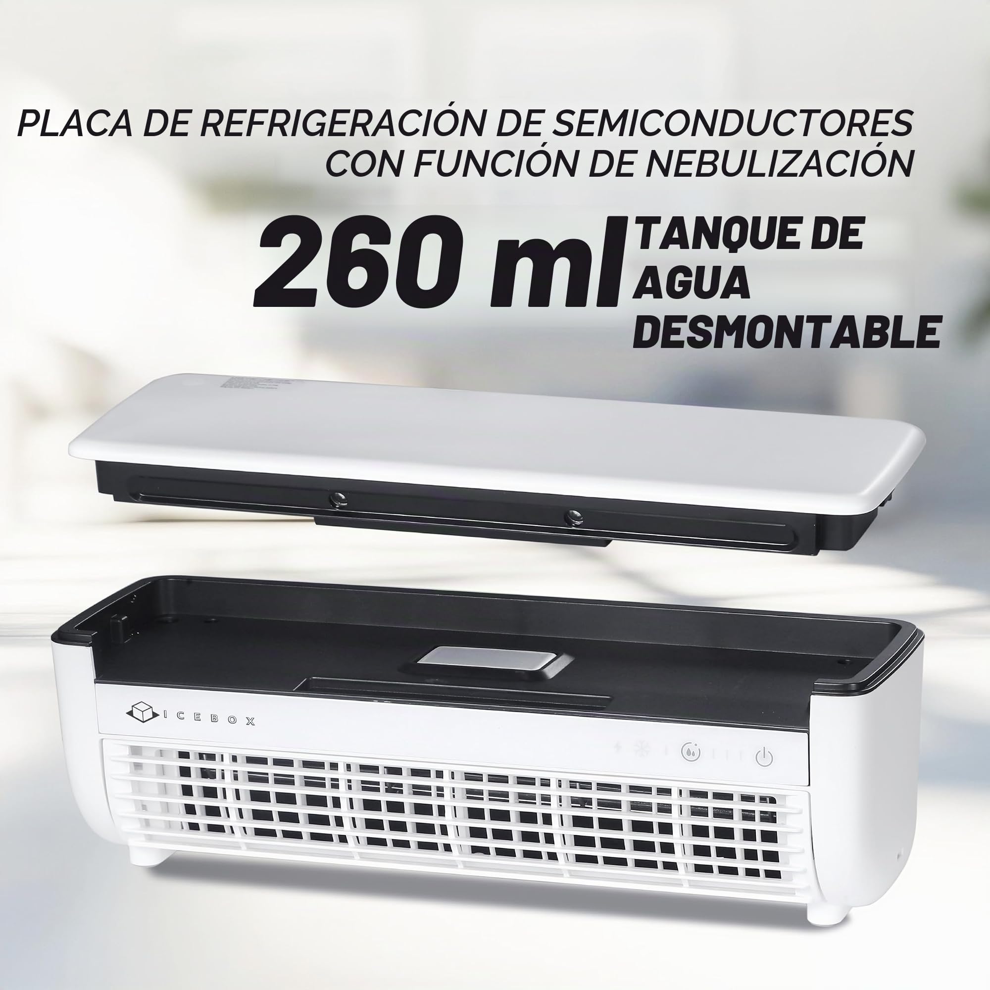 ICEBOX Ventilador de niebla refrigerante, pequeño ventilador portátil con humidificador evaporativo, para escritorio o montaje en pared, 3 velocidades, tanque de 8.8 onzas/260 ml, 8 horas de tiempo de