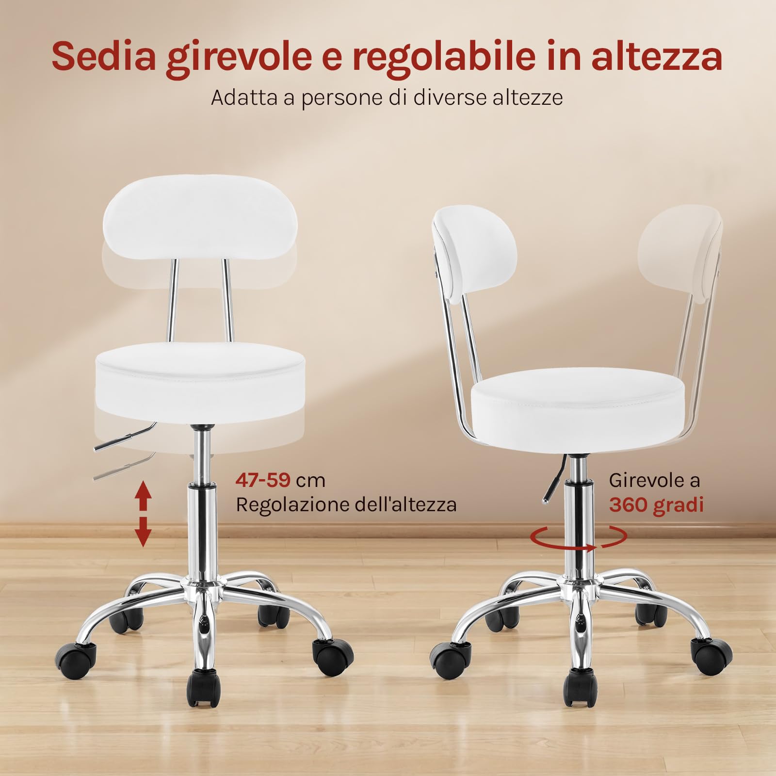 WOLTU Sedie Ufficio Sedia da Scrivania Sgabello con Schienale 47-59cm PU Cromato Girevole Moderno, per Ufficio, Salone, Massaggio, Toeletta Trucco, Bianco