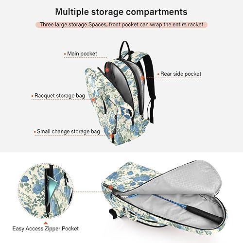 Miniatura 5 de Tennis Racquet Ball Bag Cute Sturdy Vintage Style Floral Pattern Blue Roses Gym Bags Travel Backpack for Teen Boys Girls Men Women bolso para raqueta