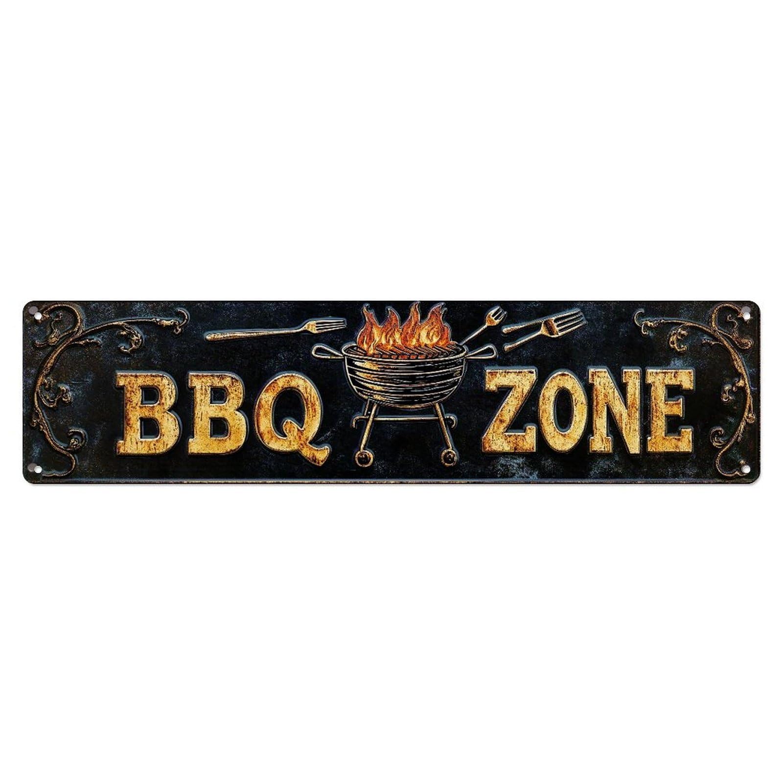 Barbecue Grill Flames Forks Zone Metal Tin Sign Plaque