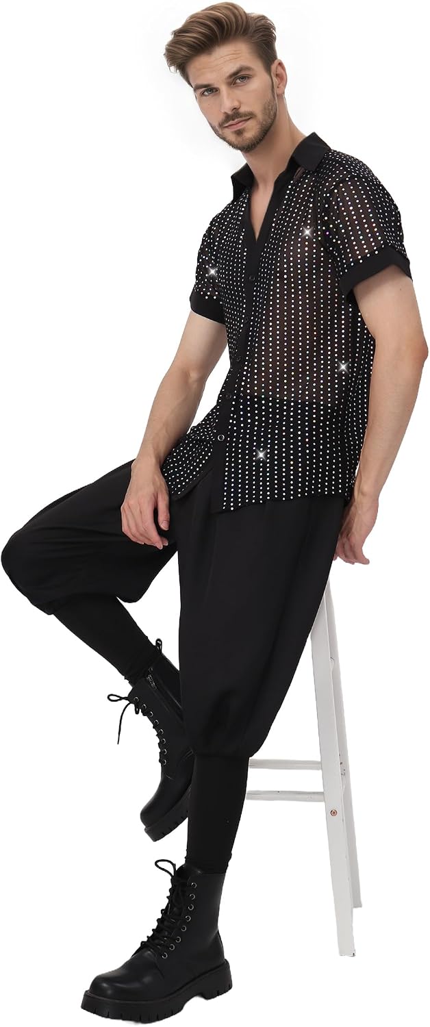 Mens Mesh Sequins Shirt 70s Disco Button Down Short Sleeve Shirts Party Tops Costumes