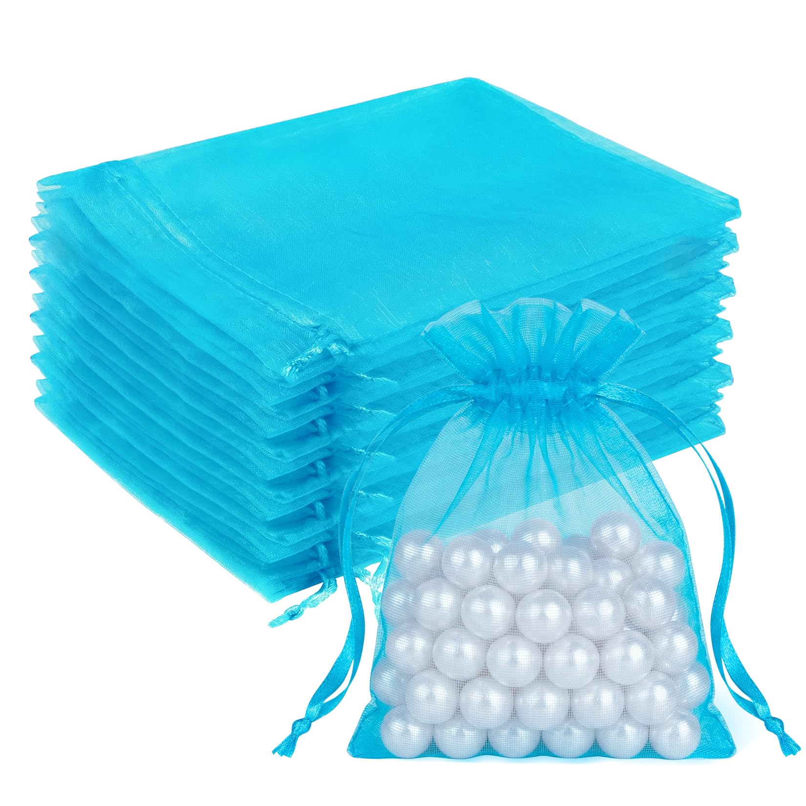 Crweety 50 Pcs Organza Bags 3x4, Lake Blue Small Mesh Gift Bags Drawstring