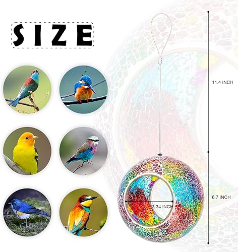 Miniatura 5 de VCUTEKA Comedero de mosaico para pájaros para colgar en el exterior con recipiente de vidrio de forma redonda para atraer más aves silvestres para