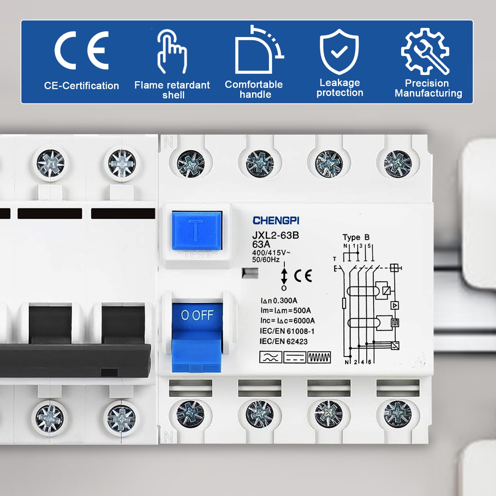 Vollstromempfindlicher FI Schalter,fi Schutzschalter Typ B 63A 300mA /4-Pol/Fehlerstromschutzschalter Allstromsensitiver Schutzschalter