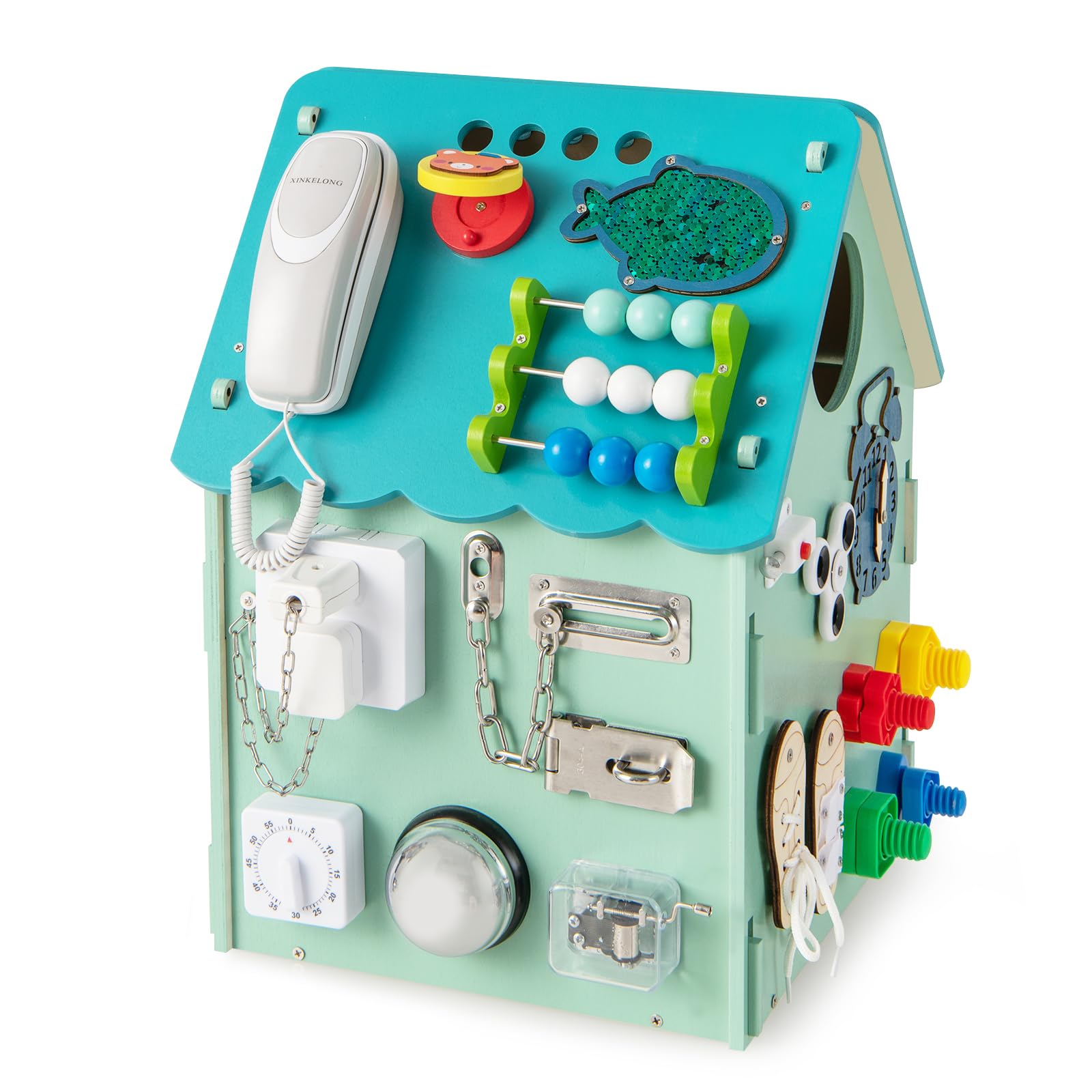 COSTWAY Occupato Montessori per Bambini, Casa da Gioco Montessori con Giochi Sensoriali e Spazio Interno, Giocattolo Educativo e Regalo per Bambini 3 Anni+ (Blu)