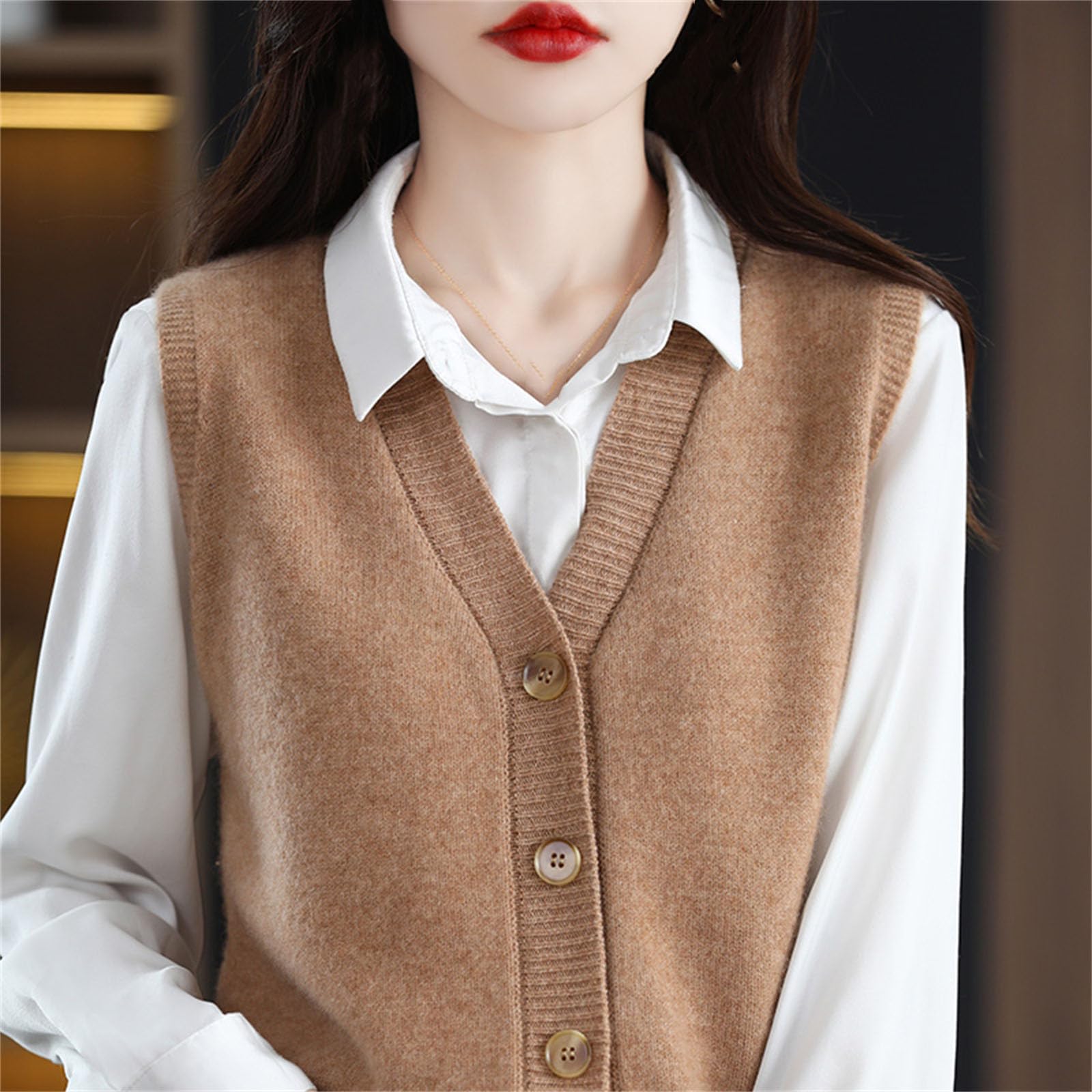 Mnjyihy Women's Loose Knit Sweater Tank Top Ladies V Neck Solid Color Button Sleeveless Wool Sweater Vermilion S