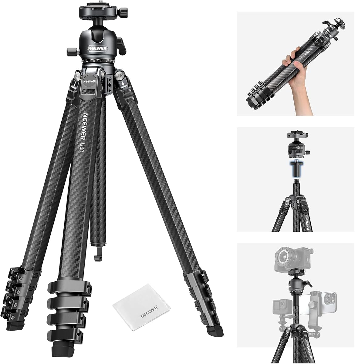 NEEWER LITETRIP LT38 Trípode para cámara de viaje de 61", soporte portátil de fibra de carbono, cabezal de bola con inclinación de 360°, eje central, placa QR tipo Arca compatible con Clip V3, carga máxima 22 lb, paño de limpieza
