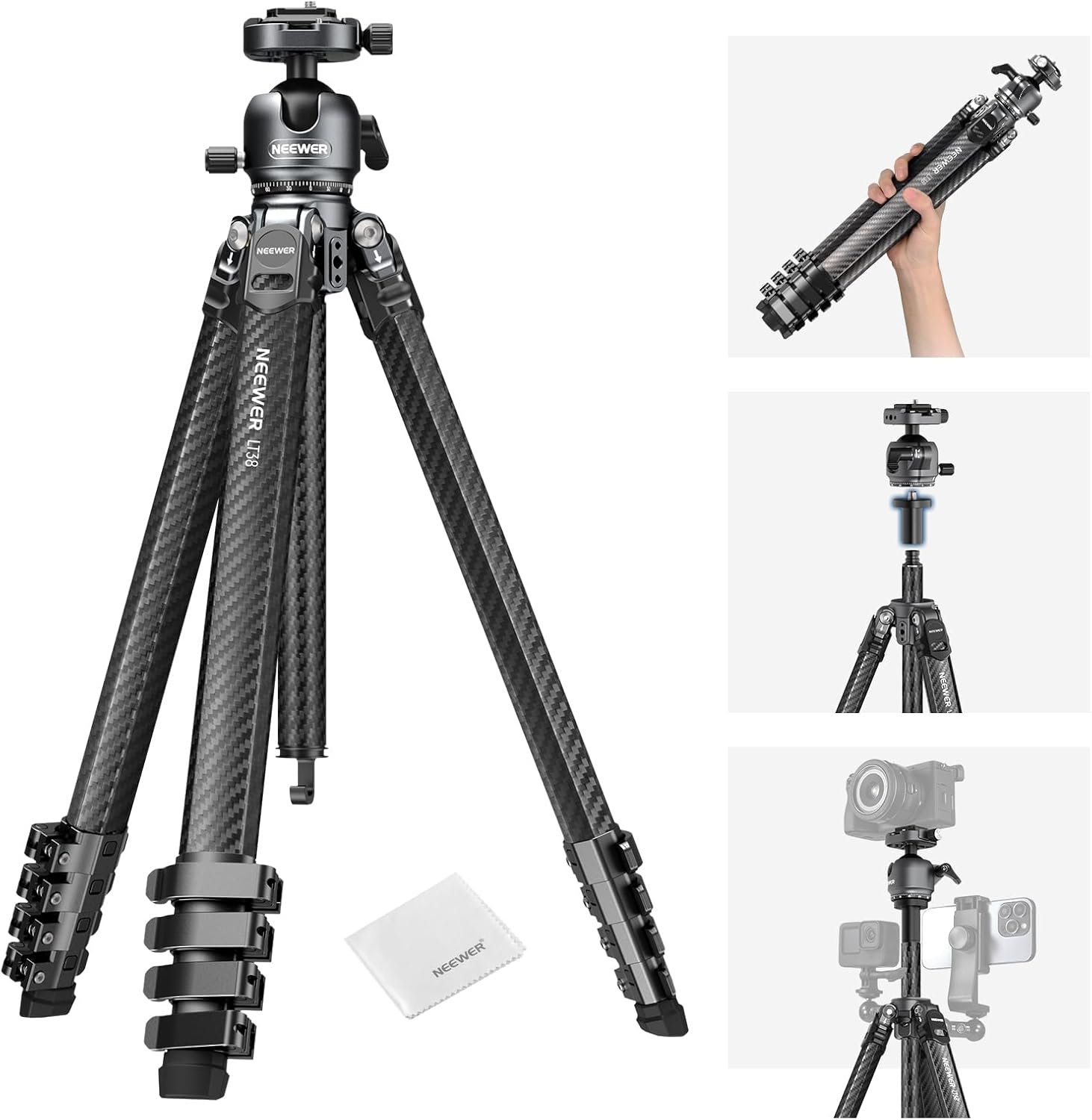 NEEWER LITETRIP LT38 61" Travel Camera Tripod, Carbon Fiber Portable Stand, 360° Pan Tilt Ball Head, Center Axis, Arca Type QR Plate Compatible with Clip V3, Max Load 22 lb, Cleaning Cloth