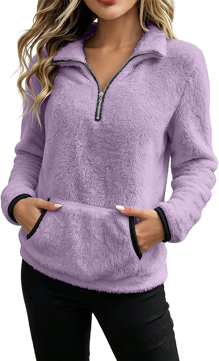 Fleece Half Zip Pullover Women Winter Cozy Stand Collar Sherpa Sweatshirts