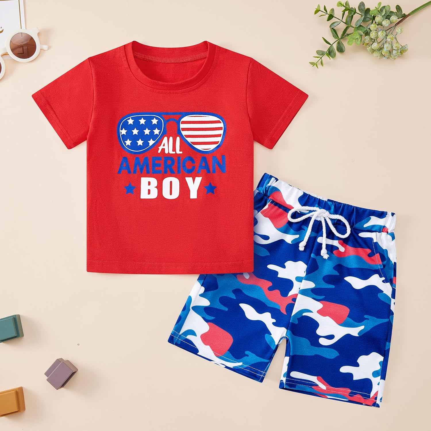 Toddler Boy 4th of July Outfits Short Sleeve T-Shirt Tops and Shorts 2Pcs Summer Outfit Clothes Set for Boys 1-5T