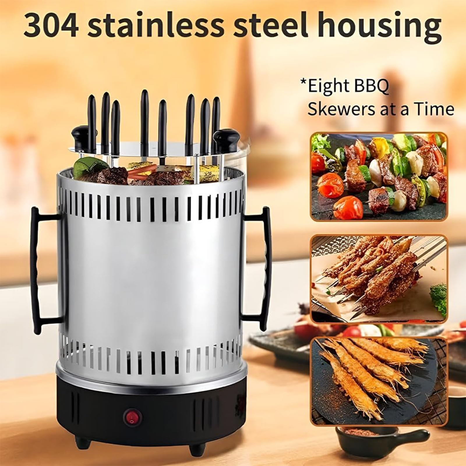 Elektryczny grill rożenowy, pionowy grill do kebaba o mocy 1200 W z automatycznym obrotem i 8 widelcami, bezdymny obrotowy piec do grillowania