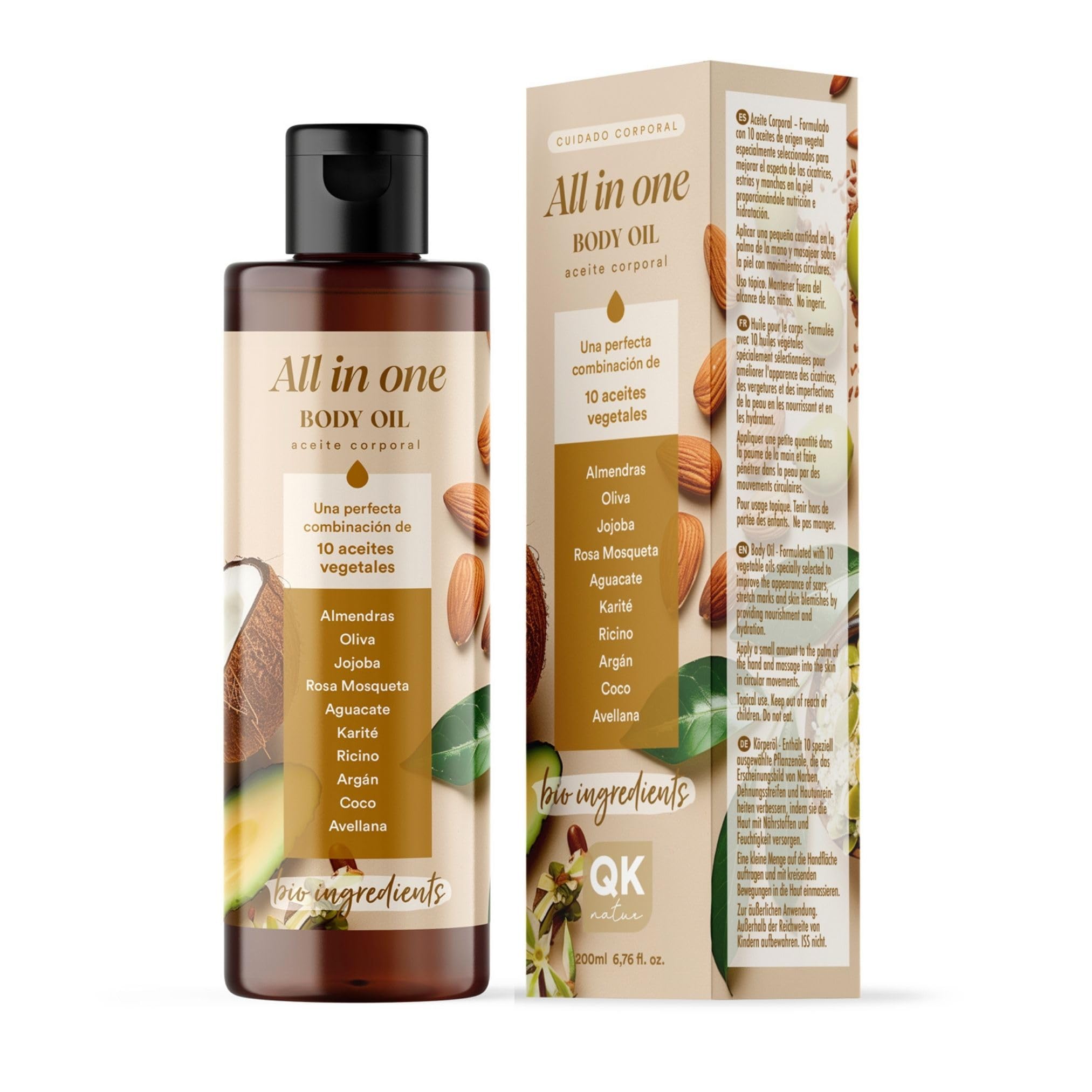 QKnatur - Aceite Corporal All in One Oil para el Cuidado de la Piel - 200ml- Formulado con 10 aceites de origen vegetal | Mejora la apariencia de Cicatrices | Prevención de Manchas y Estrías