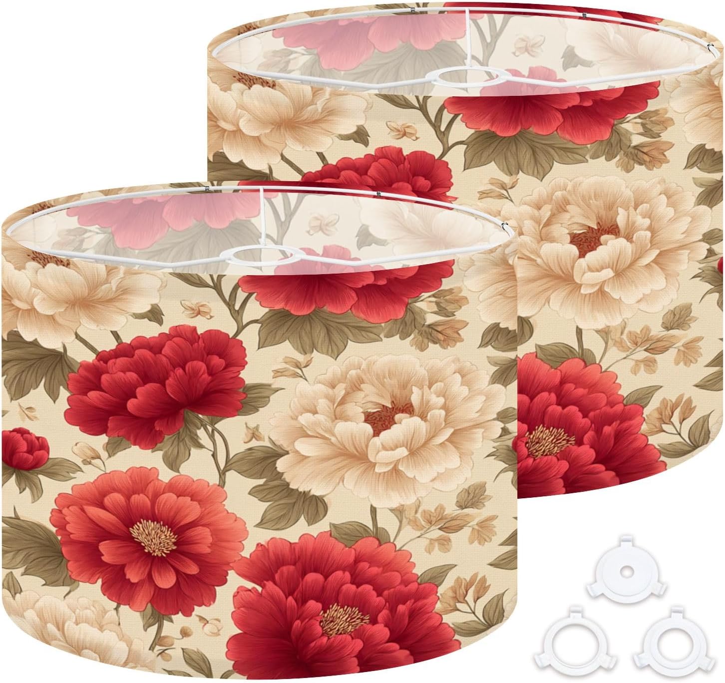 Drum Lamp Shades Set of 2, 13" x 10" Small Lampshade with Red Cream Peony Floral Leaves, Lamp Cover for Table & Floor Lamps, Easy to Assemble Modern Decor
