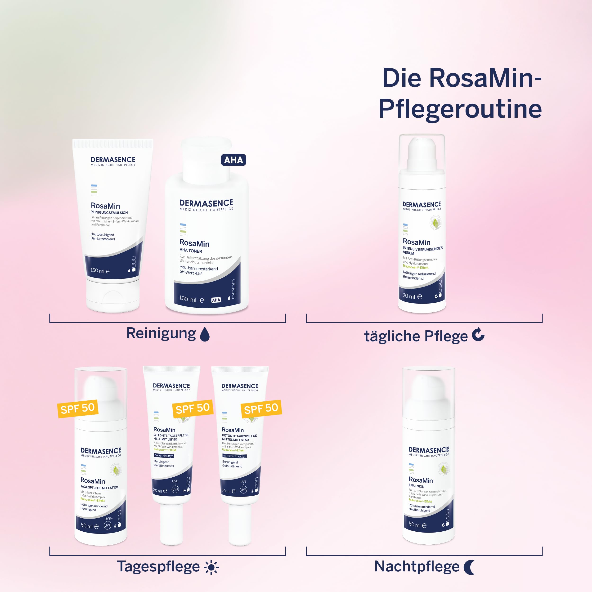DERMASENCE RosaMin Reinigungsemulsion, 150 ml – Milde Gesichtsreinigung bei Rötungen, parfümfrei, seifenfrei, ideal bei empfindlicher Haut und Rosacea, Make-up-Entferner, feuchtigkeitsspendend, vegan