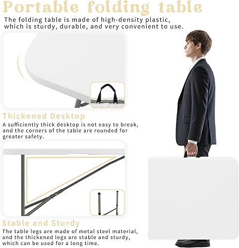 Miniatura 3 de Mesa plegable de 4 pies, mesa de camping portátil de plástico resistente, rectangular, mesa de comedor al aire libre, patas de acero plegable por la