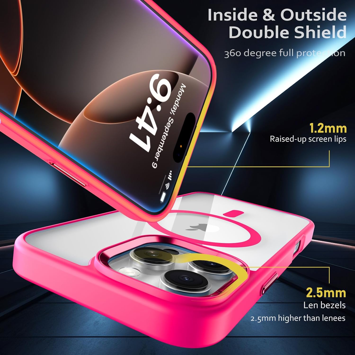 Magnetic for iPhone 16 Pro Max Case, [Compatible with MagSafe] [Military-Grade Protection] Clear Hard Back&Soft TPU Frame Shockproof Protective case for iPhone 16 Pro Max-6.9'' （Hot Pink） - Image 4
