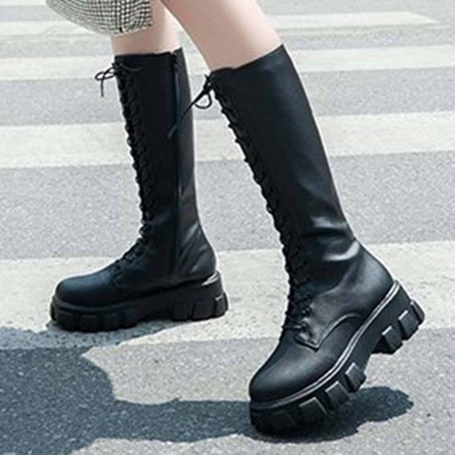 Women's Solid Lace Shoes Boots Platform Mid Calf Snow Boot Fashion Round | Winter Casual Toe Up Warm Side Zip
