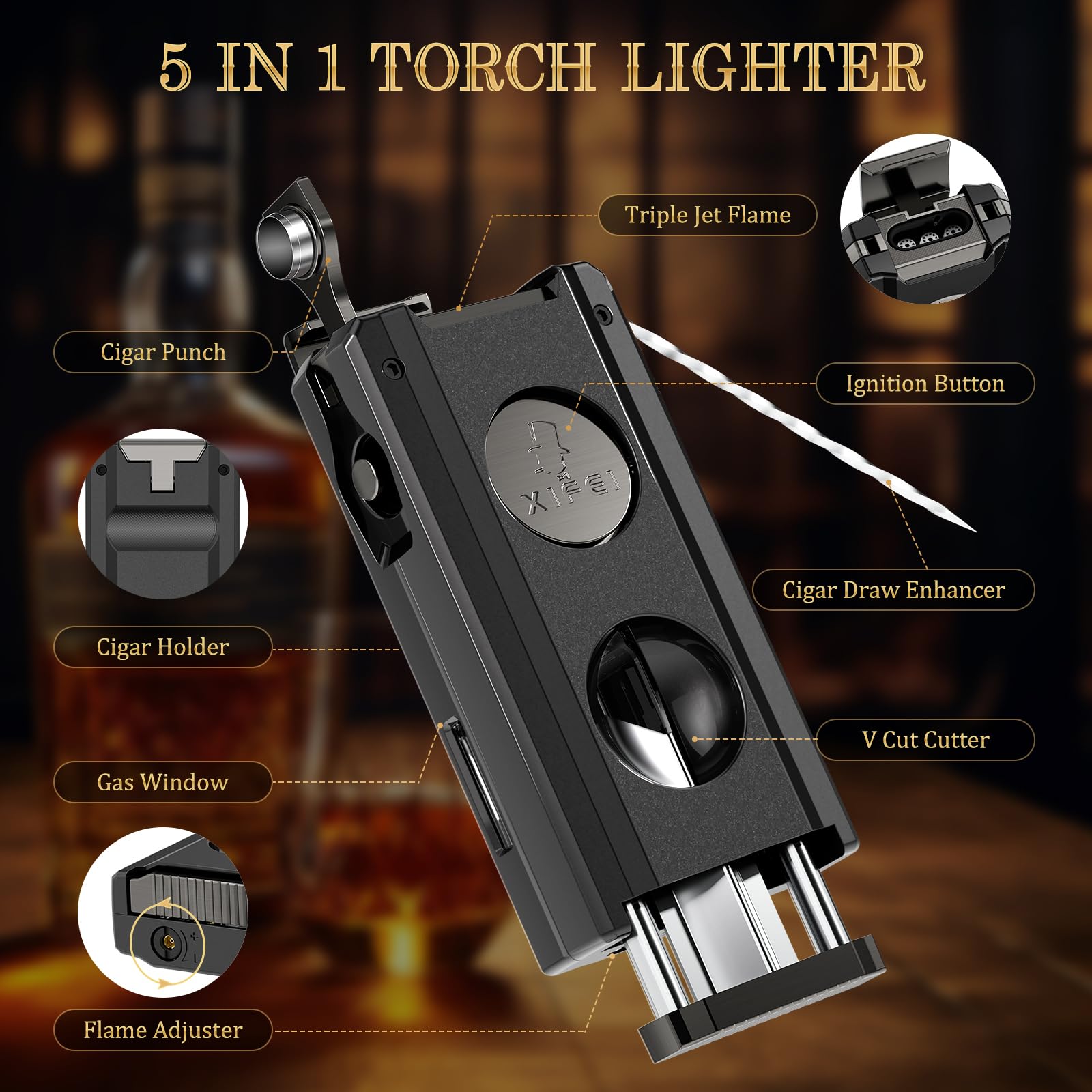 XIFEI Cigar Torch Lighter, 5-in-1 Refillable Butane Lighter with Cigar Cutter V Cut, Cigar Punch, Cigar Draw Enhancer, Cigar Holder, Multifunctional Windproof Lighters Triple Jet Flame (Black)