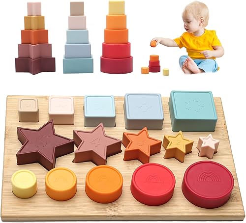 Miniatura 7 de OESSUF Shape Puzzles - Vasos apilables de silicona suaves para anidar, diseño Montessori de arcoíris, reconocimiento de formas para niños y niñas,