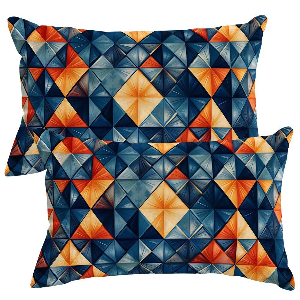 Set of 2 Velvet Cushion Covers 40x60 cm Blue Orange Cushions Covers Decorative Throw Pillow Case Geometric Sofa Pillows 16x24 Inch Cushion Cover with Invisible Zipper for Livingroom Bedroom -SC483