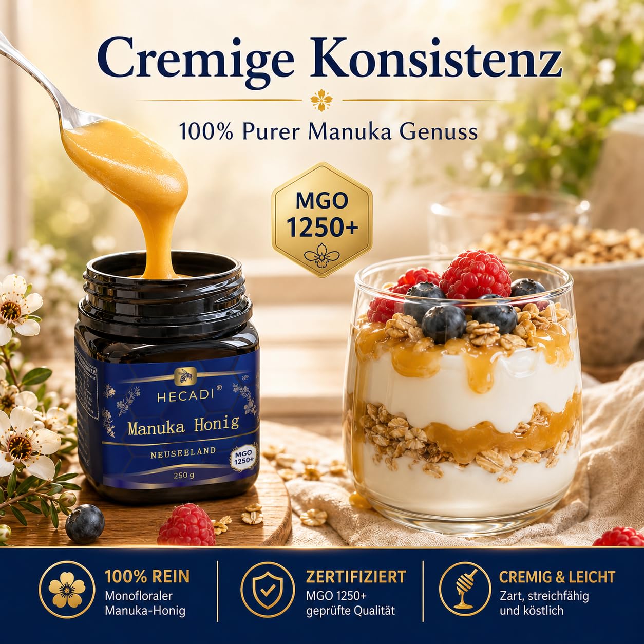 Manuka Honig MGO 1250+ Hecadi® I 100% Pur Original Honig aus Neuseeland I mit zertifiziertem I 250 g