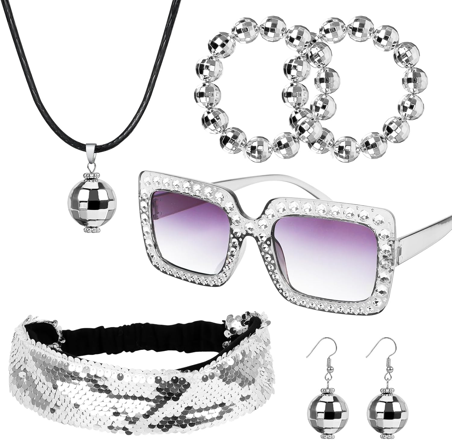 Disco Ball Costume Set, 5 Pieces Complete Disco Accessories with Necklace, Earrings, Disco Ball Headpiece, Ring, Glasses for 70s Retro Party, Carnival & Fancy Dress