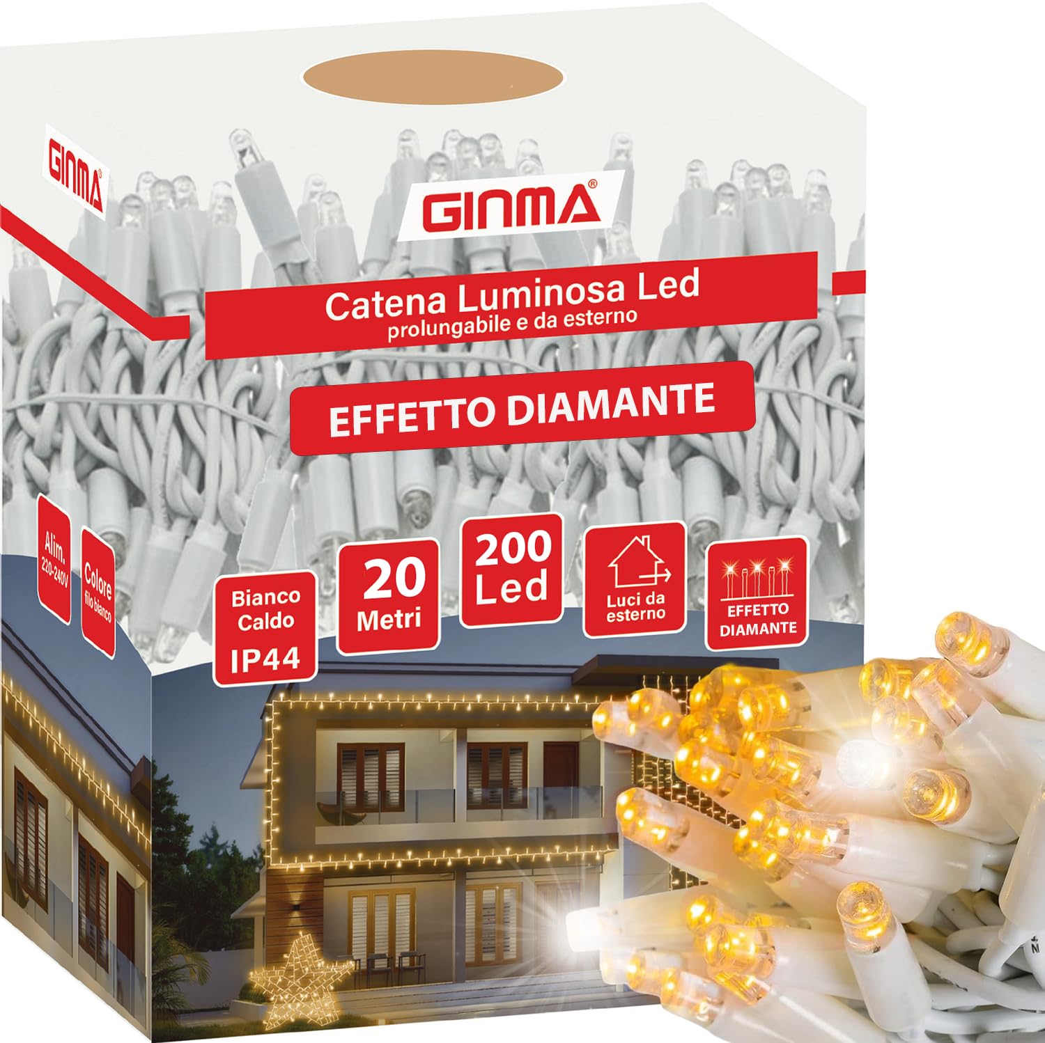 GINMA - Luci Di Natale da Esterno Professionali a Risparmio Energetico e Alta Impermeabilità - Luminarie Natalizie da Esterno (Bianco Caldo DIAMANTE, 20 Metri (200 LED))