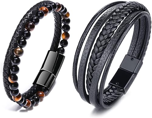 Long tiantian Mens Bracelet Bracelet for Men Leather Cuff Bracelet Black Leather Wrap Bracelet Studded Boho Cuff Bracelets Handmade Splicing Bangle