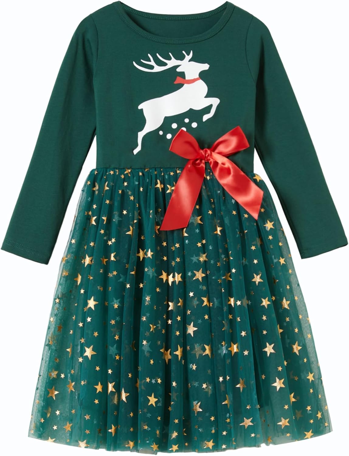 Little Girls Christmas Red Dress Toddler Long Sleeves Green Sparkle Stars Tulle Tutu Party Dresses Xmas Outfits