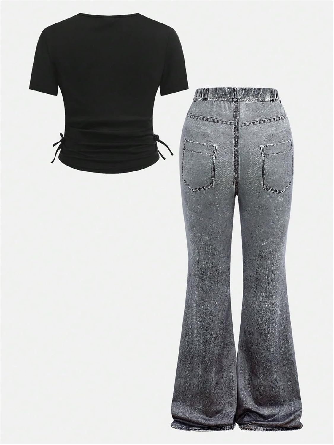 Verdusa Girl's 2 Piece Y2K Outfits Ruched T Shirt Tie Dye Flare Wide Leg Pants Legging with Pockets - Image 2