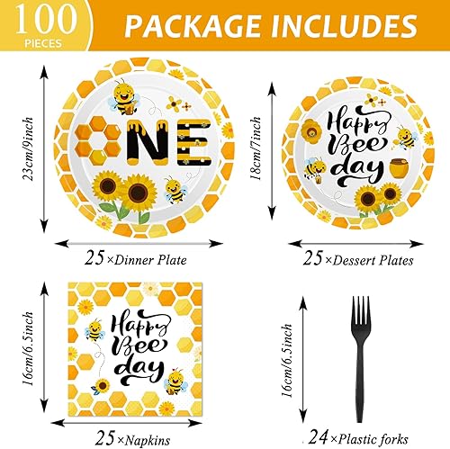 Miniatura 2 de 100 piezas de suministros de fiesta de primer cumpleaños de abeja, platos de papel y servilletas desechables para decoración de primer cumpleaños de