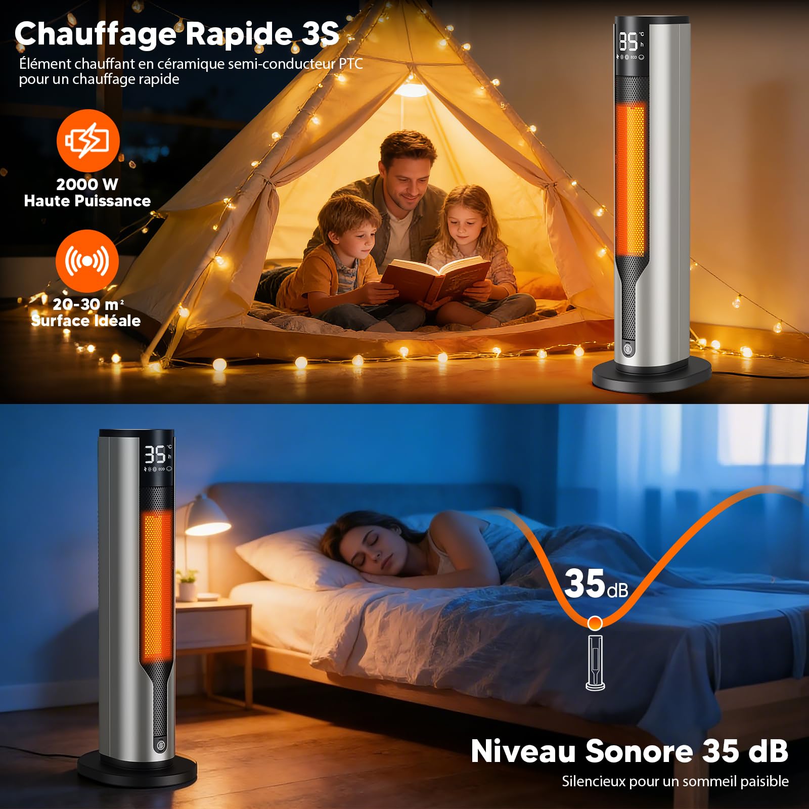 Ultra Silencieux Chauffage d’Appoint 2000W PTC - Radiateur Electrique Économe & Sécurisé, 3 Modes & ECO, Anti-chute/Surchauffe, Télécommande, Minuterie, Chauffage Soufflant Rapide pour Bureau/Chambre