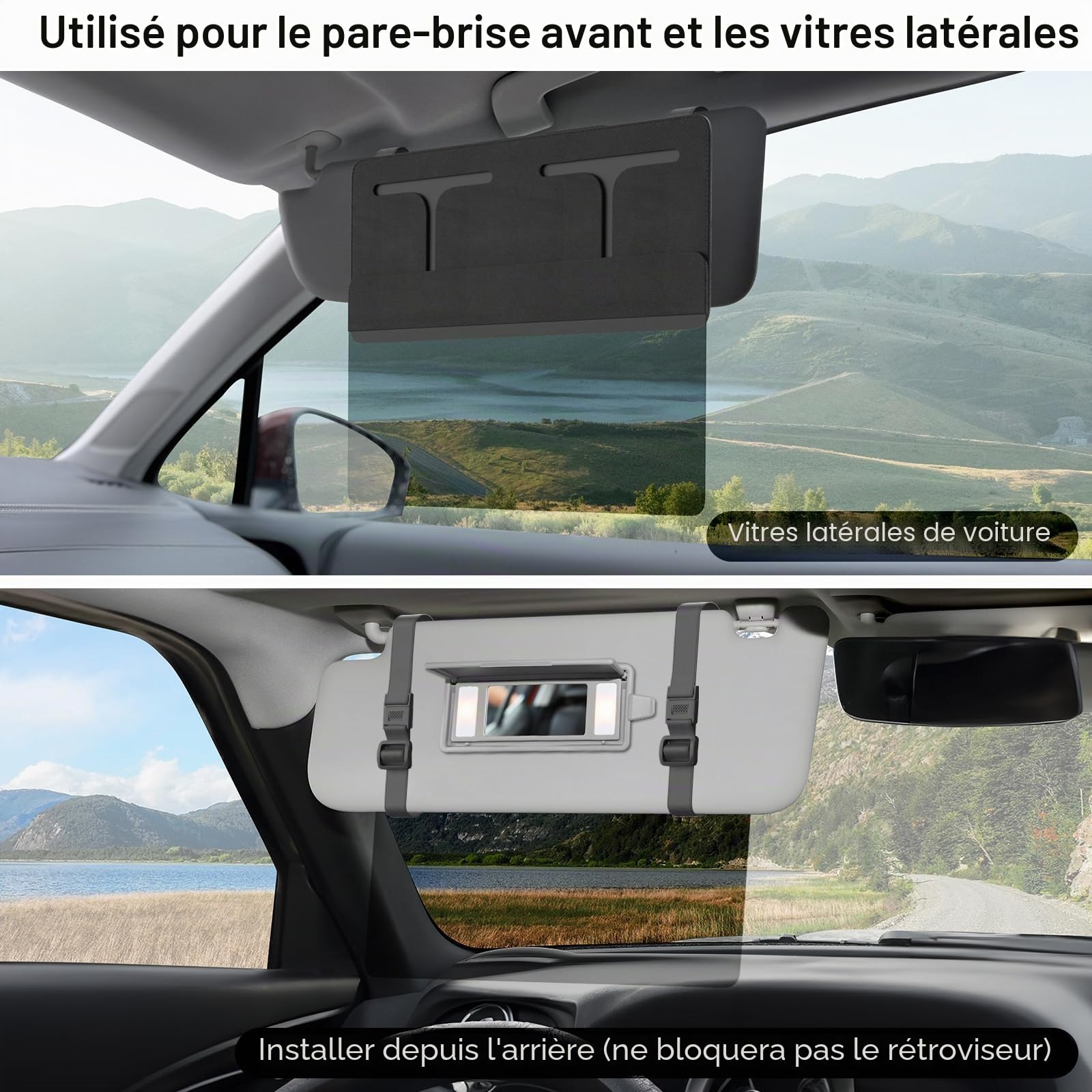 Rallonge Pare Soleil Voiture, Réglable Extension Pare-Soleil Accessoire Voiture Interieur Pare Brise Avant, Anti-éblouissement, Protection UV et Solaire pour Siège Conducteur ou Passager Avant, Noir