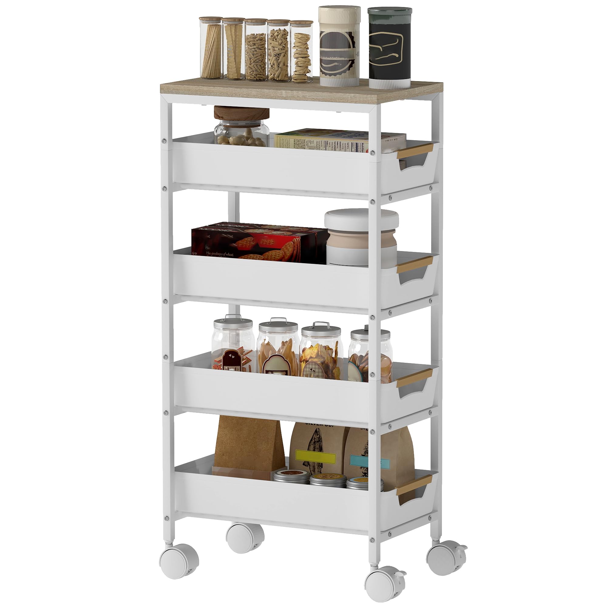 HOMCOM Desserte Cuisine 5 Niveaux, Chariot de Service, Chariot de Rangement à roulettes avec 4 tiroirs coulissants, étagère de Rangement, pour Salon, Cuisine, Salle à Manger, Salle de Bain, Blanc