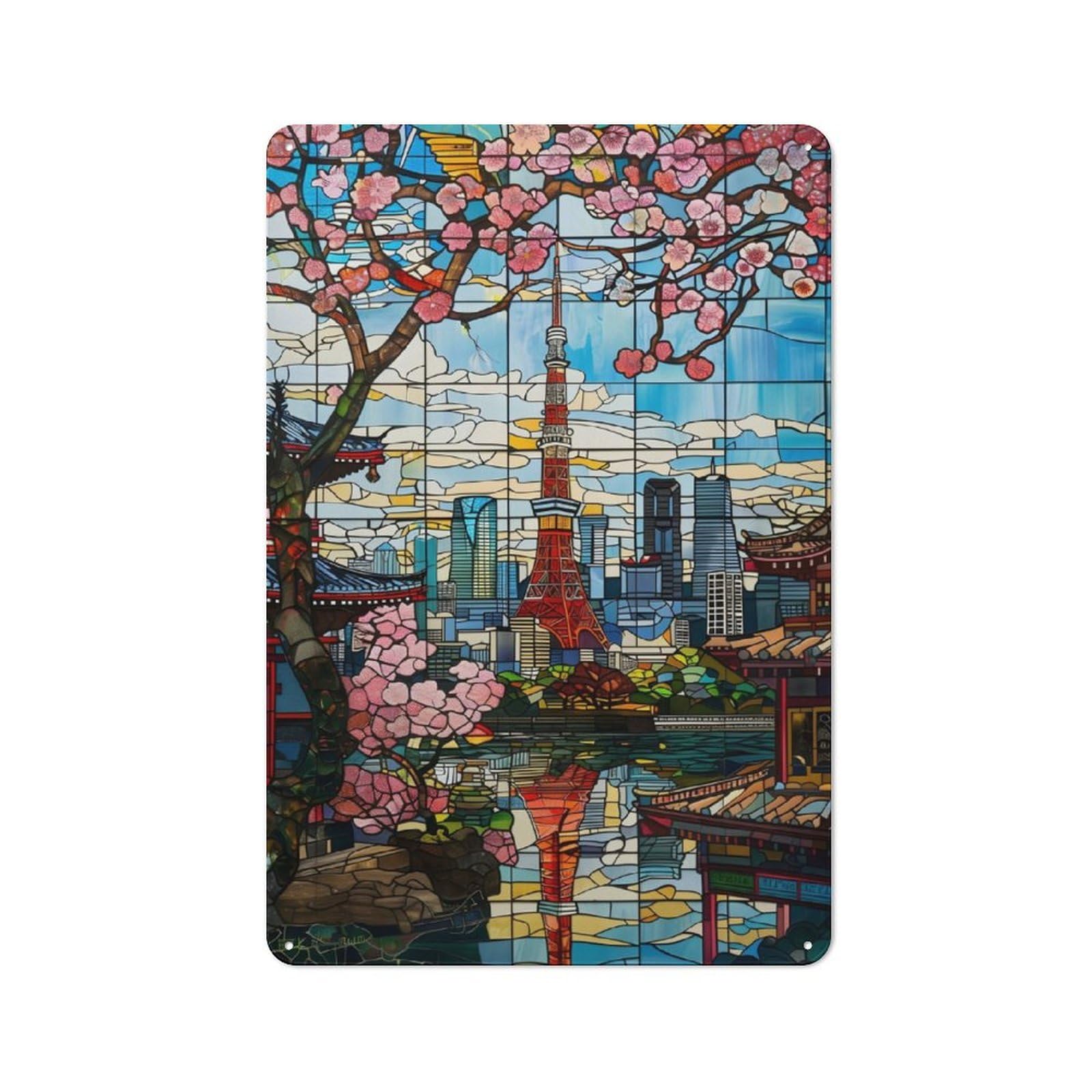 Junmoney Tokyo Cherry Blossoms Rustic Metal Sign 30X20cm For Hobby Room Or Studio, For Kitchen, Dining Room And Home Bar Wall Decor