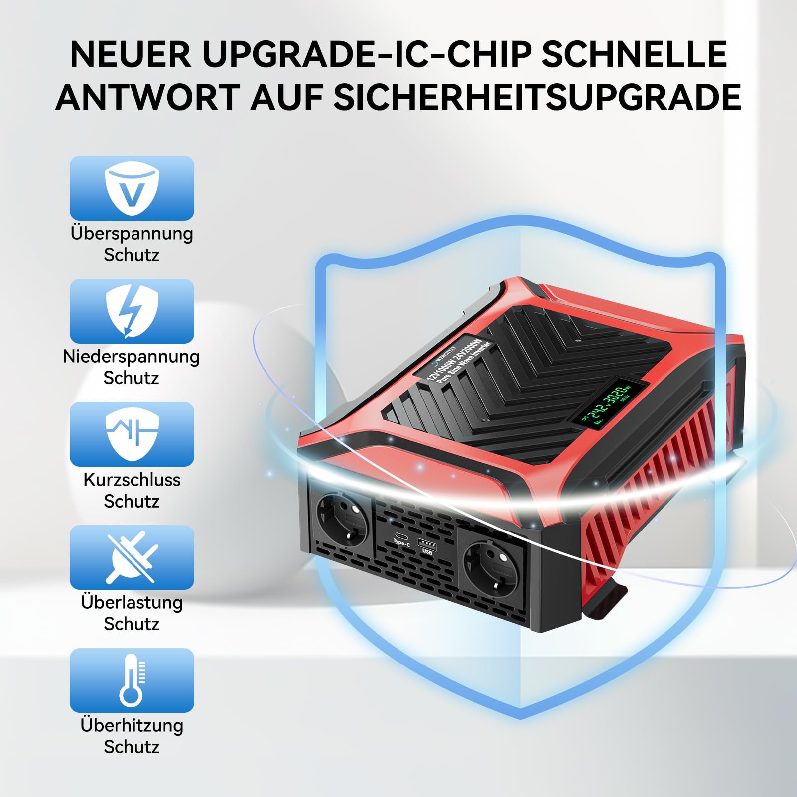 Wechselrichter 12V auf 230V Reiner Sinus 2000W/4000W(Dauerleistung 1000W/2000W) Doppel Spannungswandler, intelligentem Erkennungssystem mit 2 EU Steckdose, 1Type-C, 2.1A USB, für Haushaltsgeräten, LKW